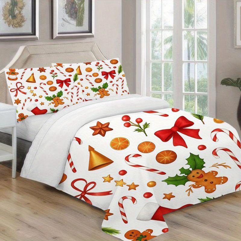 

3pcs Christmas Bedding Duvet Cover Festive Holiday Pattern with Gingerbread Men Candy Canes Red Bows Orange Slices Holly Berries EU Twin(135x200cm)