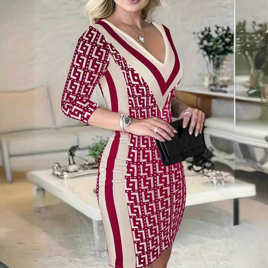 Fall Winter Women's Dresses Geometric Pattern Bodycon 7/8 Sleeve Mini Dress