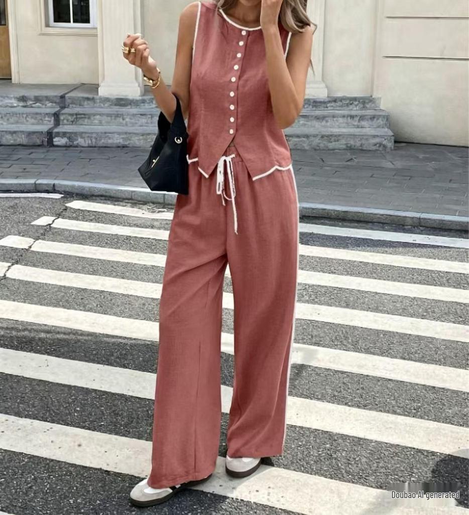2025 European & American Women's Slimming Two-Piece Set: Sleeveless Top & Drawstring Wide-Leg Pants