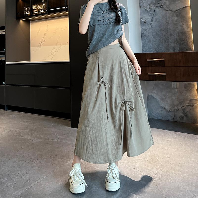 Apricot-colored Bow Skirt for Women In Summer New Style Slim High Waist A-line Skirt Mid-length Small Umbrella Skirt