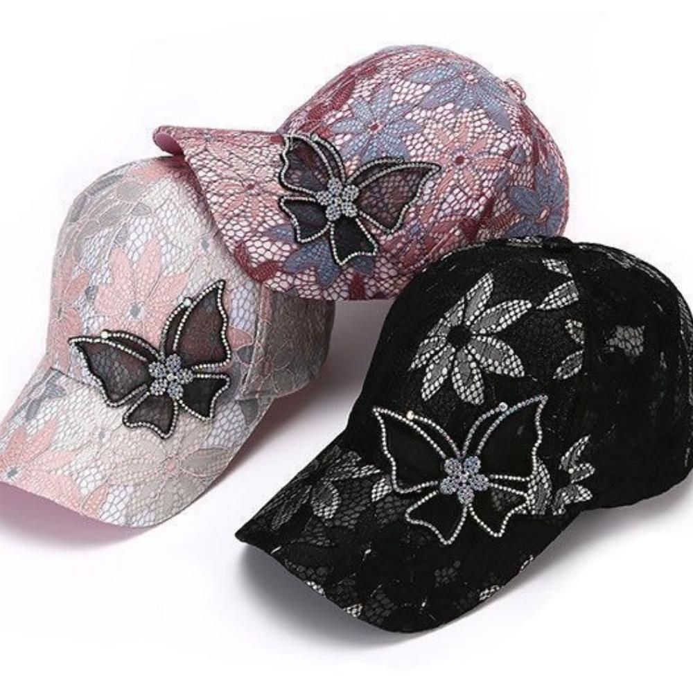 Butterfly Lace Rhinestone Thin Breathable Baseball Cap - Summer Fashion Embellished Sun Visor for Women