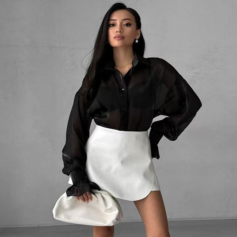 European and American New Loose Sexy Perspective Mesh Long sleeve Shirts Top Sexy Perspective Shirt