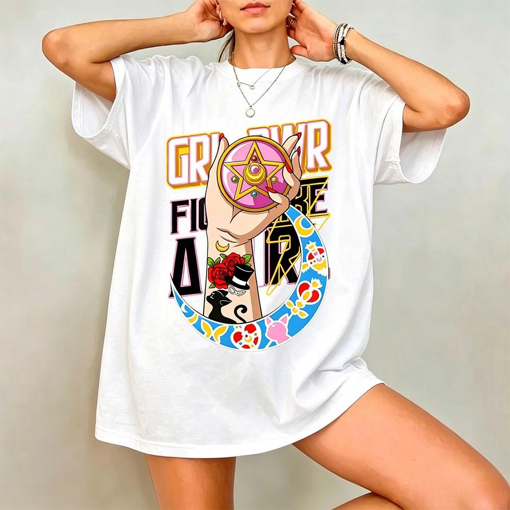 2026new American Retro Cotton Shortsleeved Tshirt With Sailor Moon Print Suitable For Both Unisex And Unisex Casual Street Style