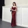 New banquet host evening dress suspender sexy off-the-shoulder dress sequined temperament fishtail dress
