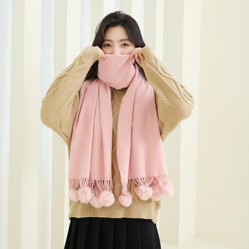 Girls Cute Imitation Cashmere Scarf Women's Winter Warm Solid Color Big Rabbit Fur Ball New Scarf Shawl