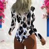 Women Plus Size Blue White Printed High Neck Front Zip Long Sleeve One Piece Swimsuit