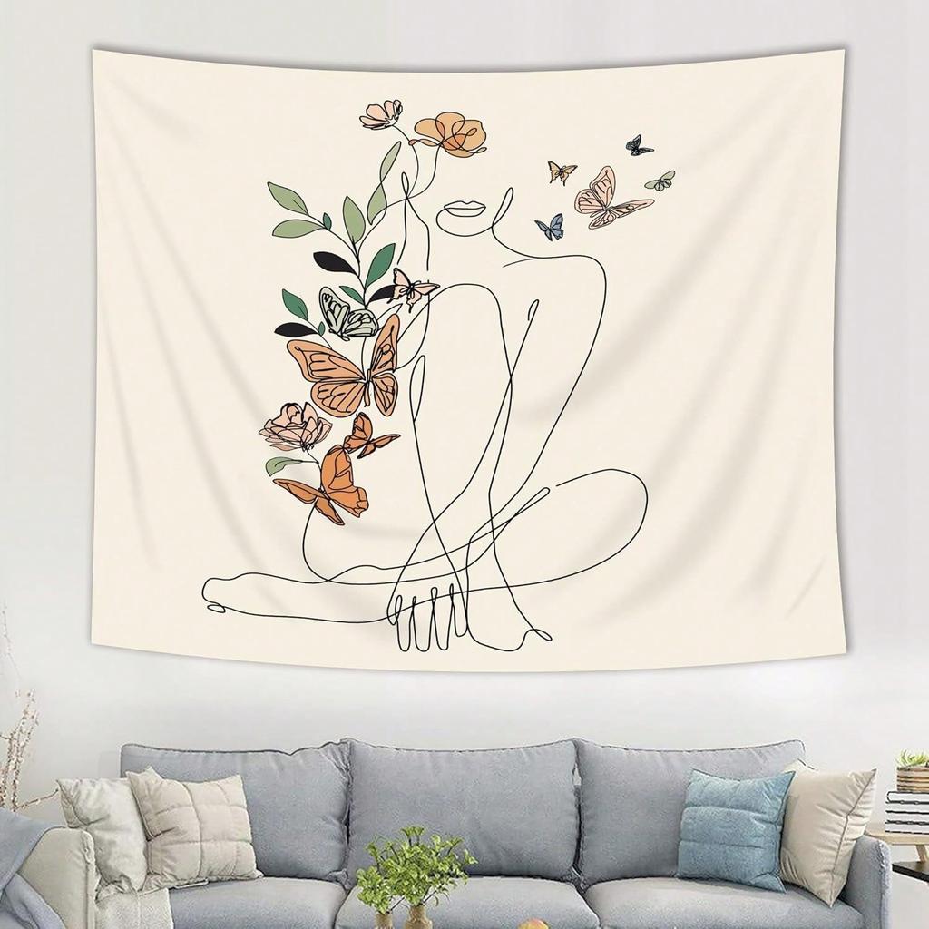 Florale Frau Linienkunst Wandteppich Einseitig 2D-Druck Minimalistisch Elegant Wandteppich Schlafzimmer Wohnzimmer Wanddekoration Ruhige Atmosphäre Geschenk