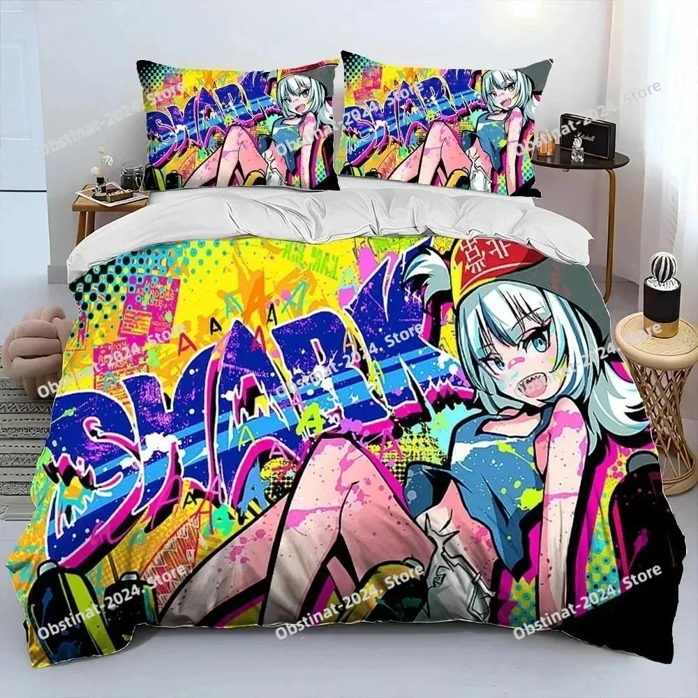 Cute Gawr Gura Hololive Anime Shark Printed Duvet Cover Pillowcase Bedding Set Bed Linen Sheet Quilt Cover Full Queen King Size