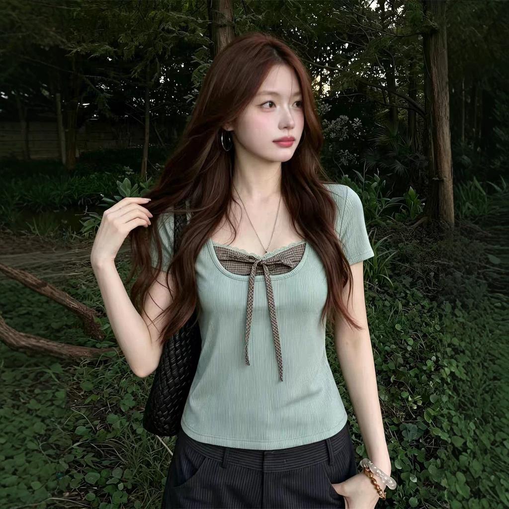 Korean square collar fake two-piece short-sleeved T-shirt women's summer slim-fitting and thin bow lace-up top