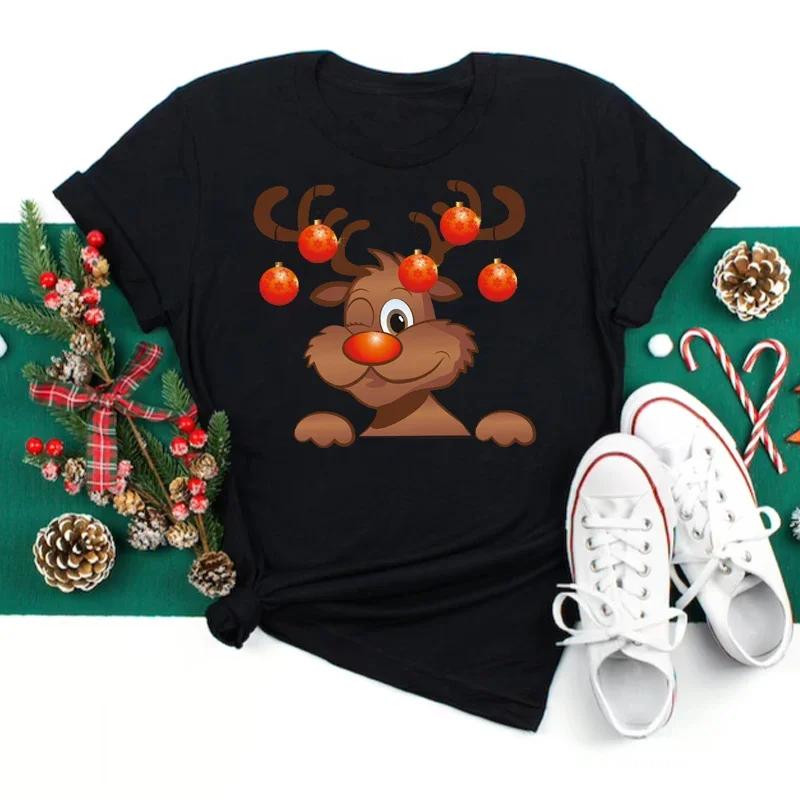 

Merry Christmas Womens Fashion Tops Kawaii Santa Claus with Deer Women ONeck Top Tshirts 90s Girls Lucky Deer Tshirts 4XL