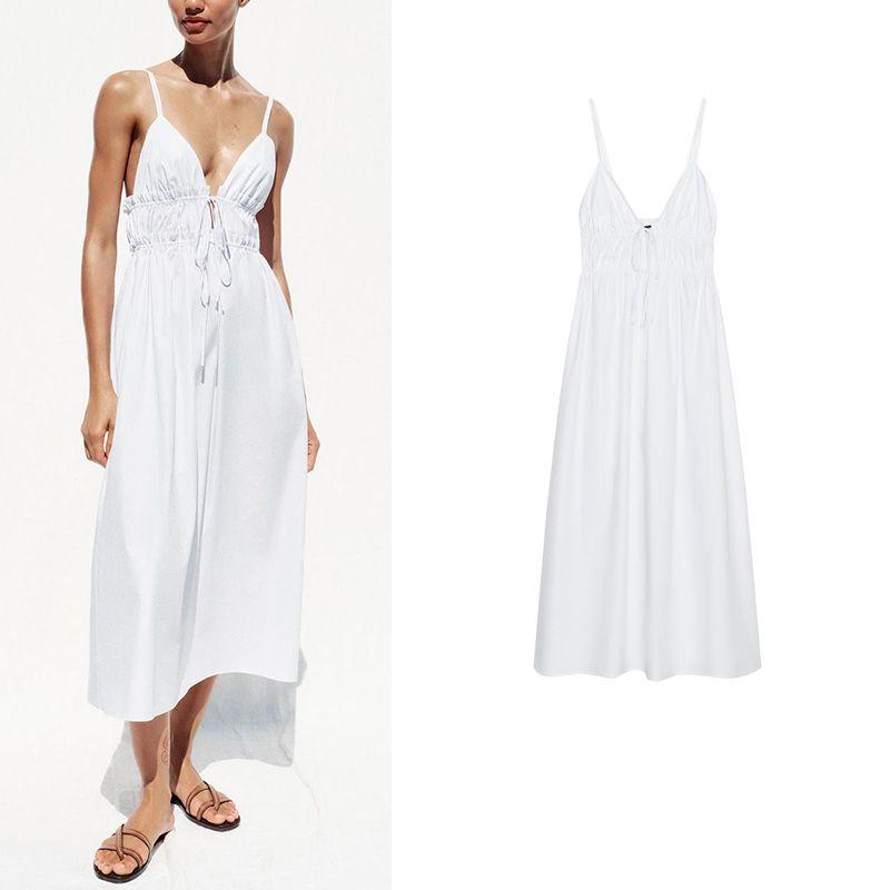 Summer New Product Women's Clothes Pleated Decorative Poplin Sling Minimalist Elegant Midi Skirt Dress 3474534
