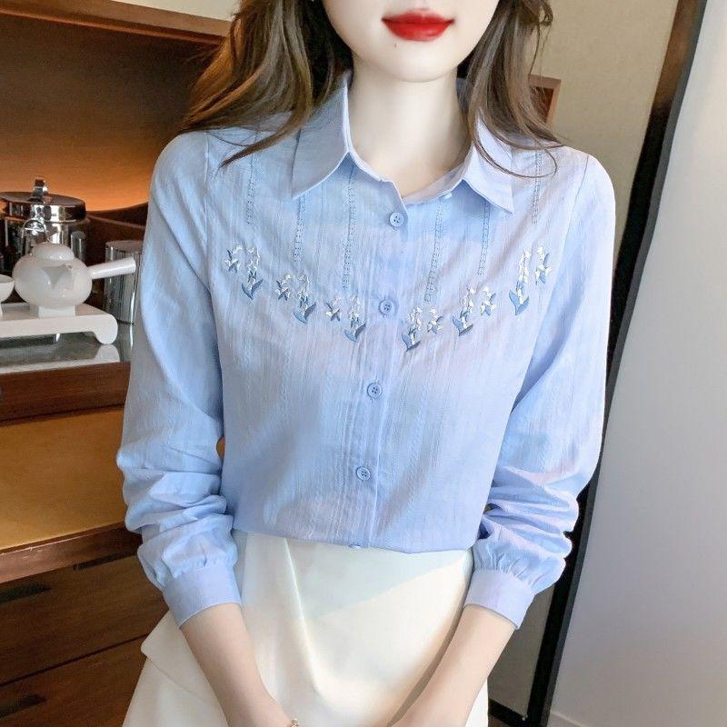 Cămașă de damă cu mâneci lungi, brodată, din bumbac pur - Primăvară & Toamnă 2024 Stil OL Casual Alb