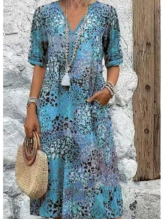 

New European and American Style Lace-Trimmed V-Neck Print Dress L синій