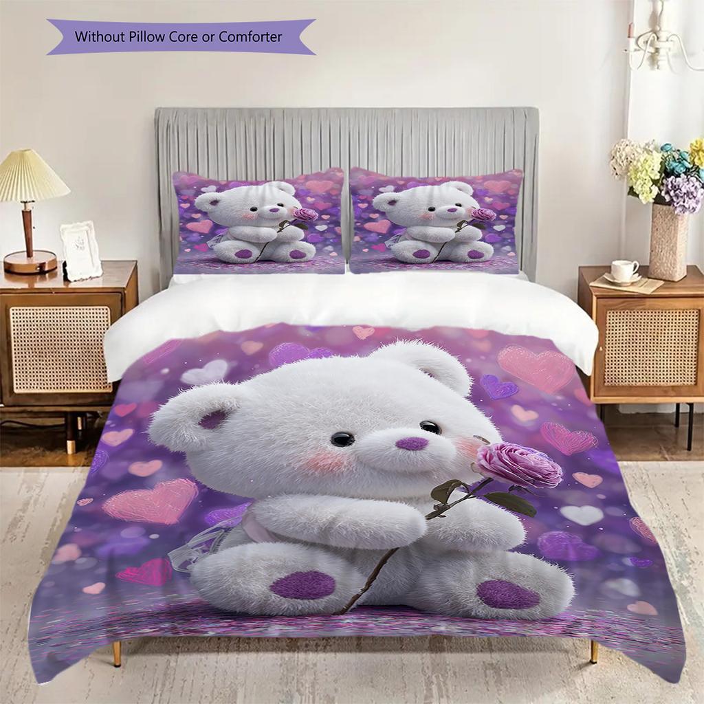 Bear Doll Pattern Bedding Quilt Set Quilt Cover Pillowcase Home Decoration Birthday Gift (1 * Duvet Cover + 2 * Pillowcase, Without Core)