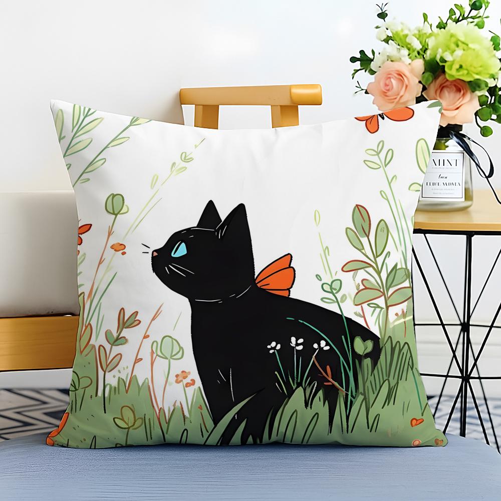 Cute cartoon little black cat Cushion Cover Washable Linen comfort Soft  for Sofa Bed Cozy Home Room Decor