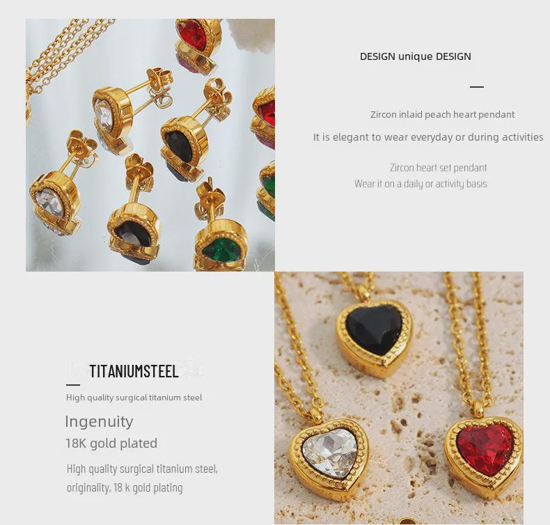 French-style Multi-color Zircon Love Pendant Necklace & Earrings Jewelry Set
