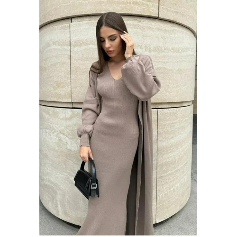 2026 Autumn European & American Solid Color Slim Knit Sweater Over-the-Knee Long Dress Set for Women