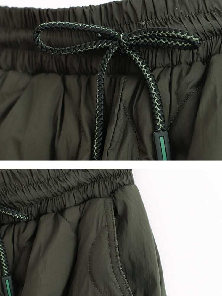 Tie Elastic Waist Diamond Lattice Embossed Line Cotton Pants Female Autumn and Winter New Literary Big Yards Loose Windproof Warm Wide-legged Pants
