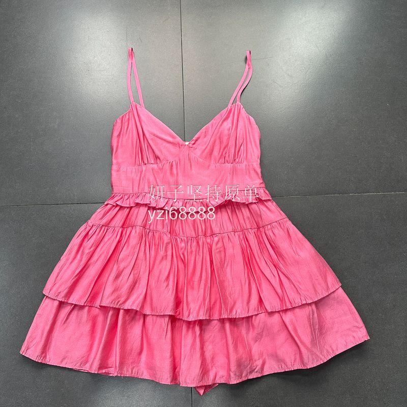 

Export Pure Original Pink Dating Dress Exquisite White V-neck Strap Dress Small Beach Skirt with Safety Pants Pink (with safety pants inside) S