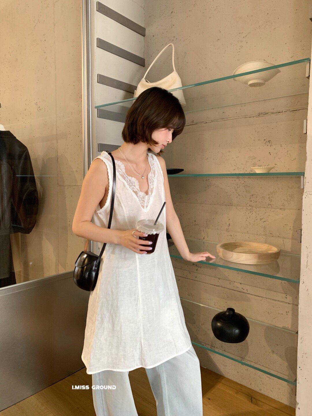 I MISS Korean Linen Lace Trim V-Neck Spaghetti Strap Midi Dress One Size