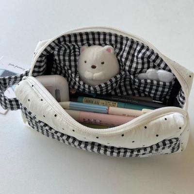 Ins Casual Aestehtic Polka Dot Plaid Pencil Case White Texture Creative Patchwork Pen Bag Cute Student Pen Holder Stationery Box