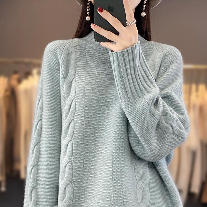 Women's 100% Wool Long Sleeve Half-High Neck Pullover Sweater