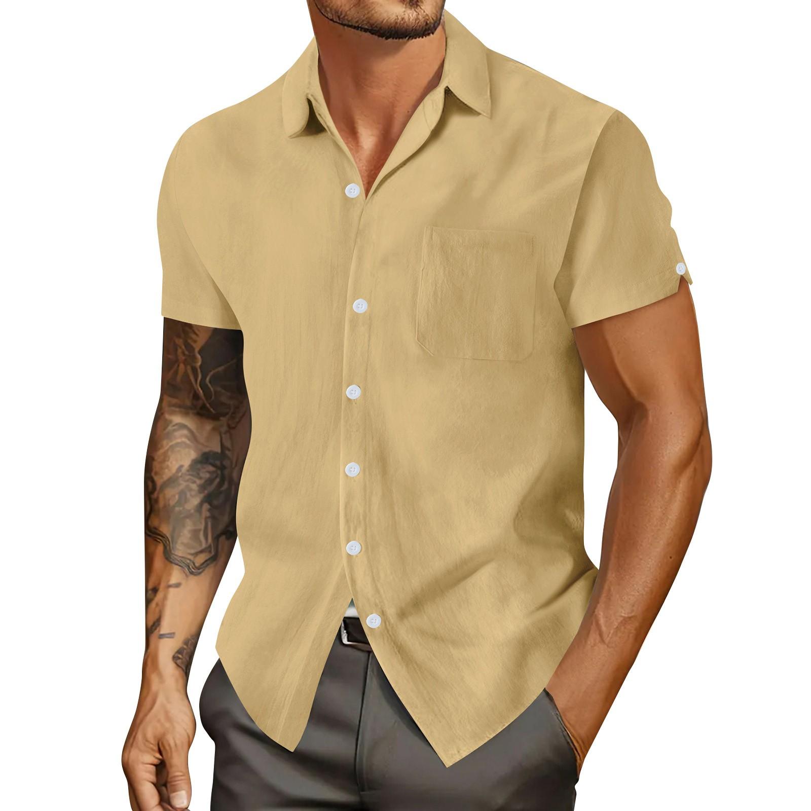 

Мужская летняя однотонная рубашка с лацканами и короткими рукавами, мужская повседневная модная рубашка с короткими рукавами XXL хаки