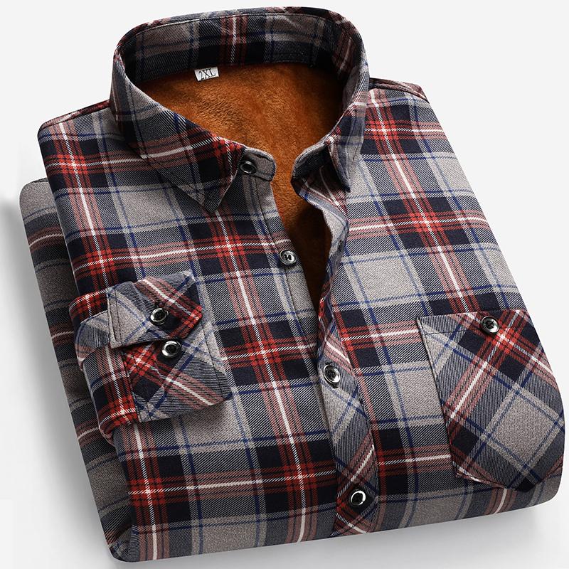 Autumn and winter men's padded and thickened warm square collar shirt long-sleeved business casual plaid shirt