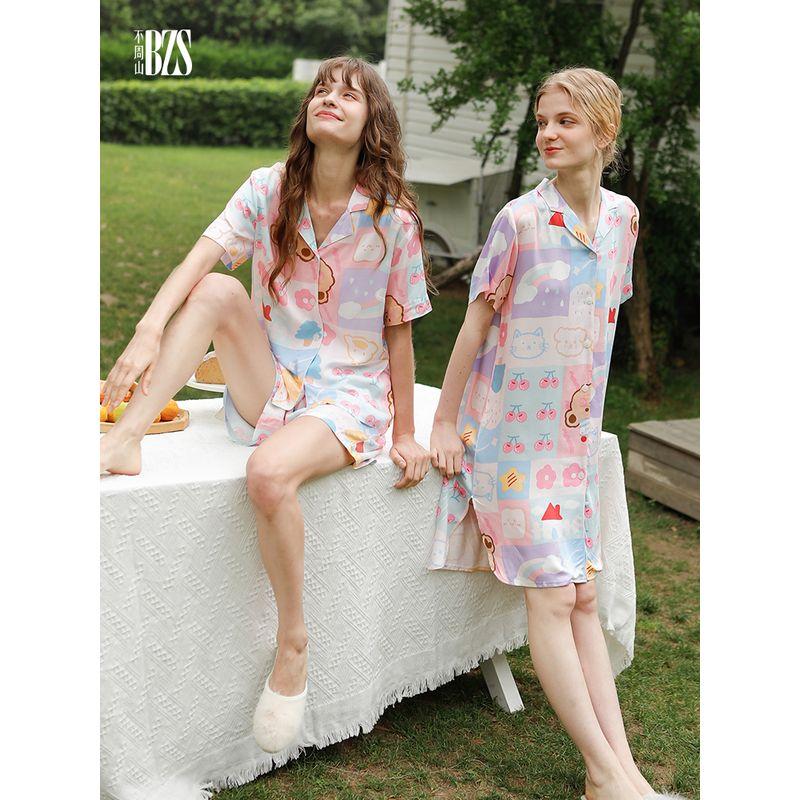 Girls' Spring and Summer Autumn Casual Loose Sweet Cute Outer Wear Homewear Cardigan Short sleeve Trousers Pajamas Set