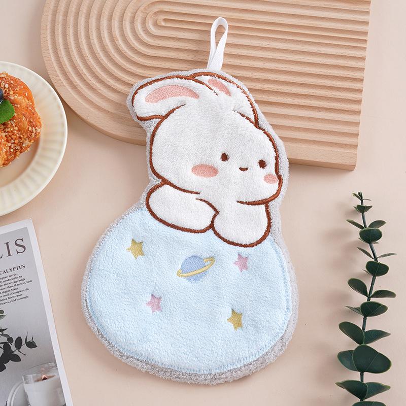 Cute Rabbit Pattern Hand Towel Soft Hanging Towels Absorbent Coral Fleece Towel Kitchen Bathroom Double-Thickness Hand Towel