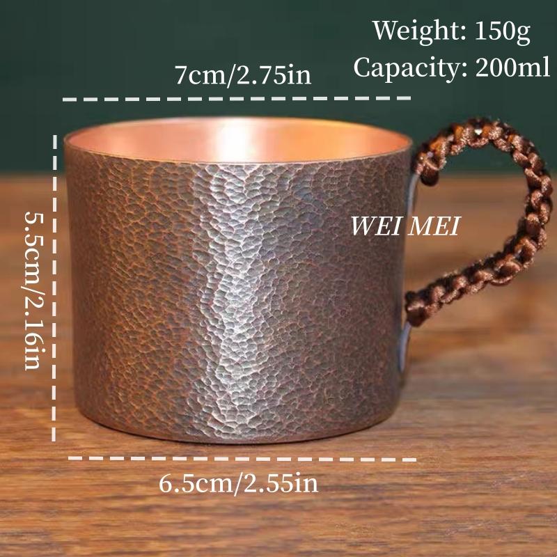 Vintage Copper Small-Sized Breakfast Coffee Mug,Multiple Sizes Handcrafted Hammer Texture Water Tea Cup,Woven Handle Tableware