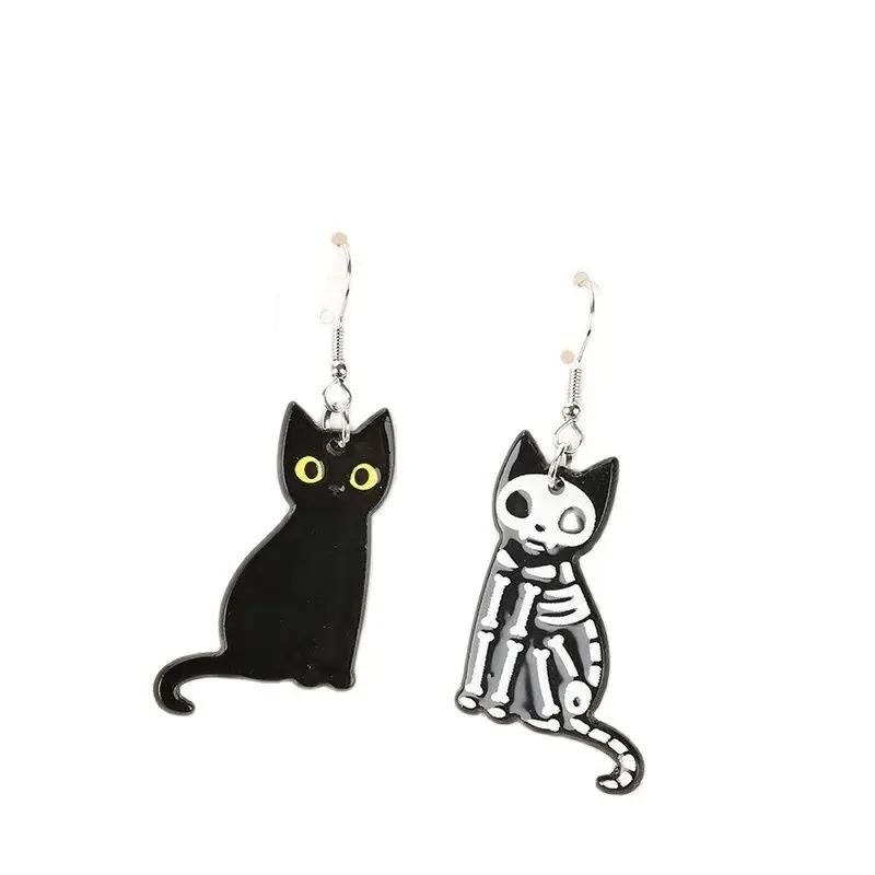 1Pair Halloween Black Cat Exposed Bone Drop Earrings Fashion Acrylic Skull Black Cat  for Women Festival Birthday Gift