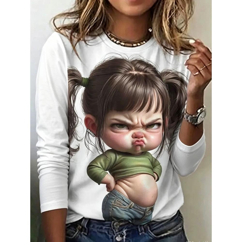 Cartoon Animal Portrait Printed T-shirt Women Loose Large Round Neck Casual Top Fashionable Versatile Leisure 3D Long Sleeved T-shirt