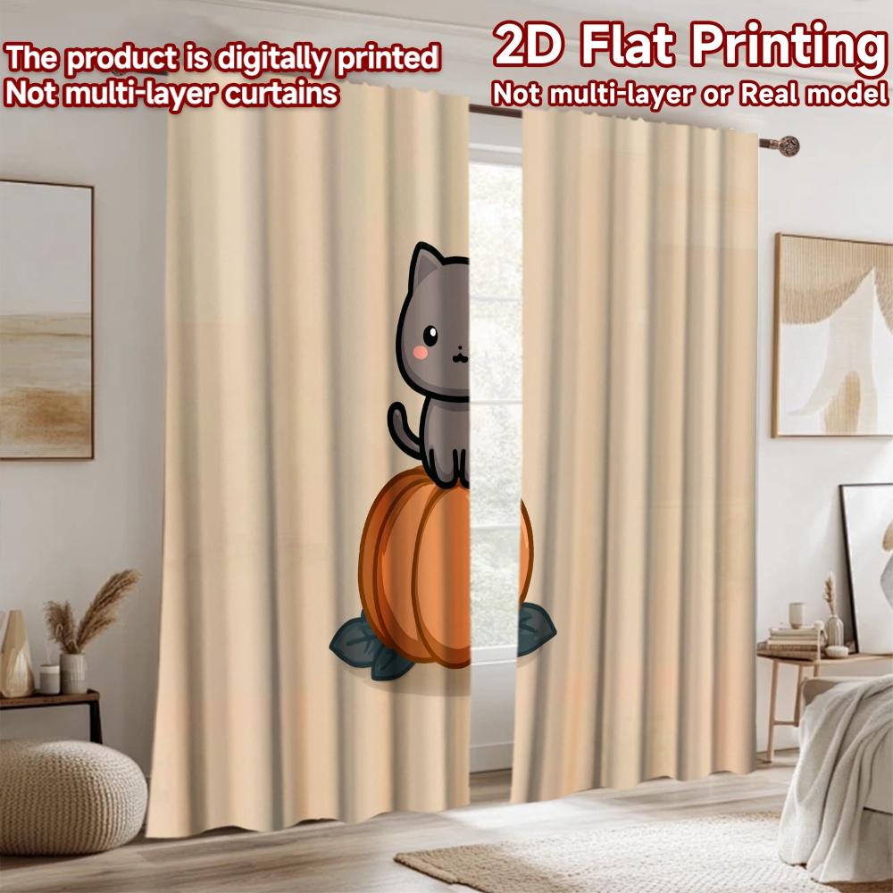 2D flat printing 2pcs Curtains Cute Cat Pumpkin Halloween Digital Printed Polyester Drapes Party Decorations for Event