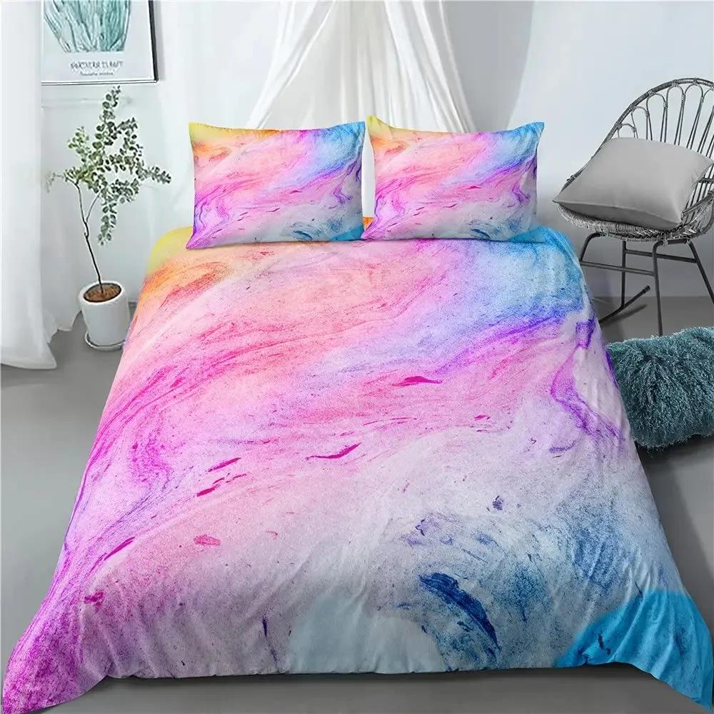 Colorful Marble Tie Dye Watercolor Pastel Abstract Girly Comfortable Duvet Quilt Cover Pillowcase Bedding Set Children Bedroom
