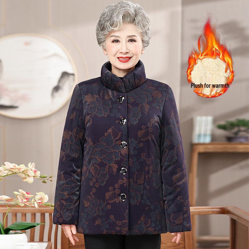 Elderly Women's Winter Fleece-Lined Cotton Jacket for 70-80 Year Olds