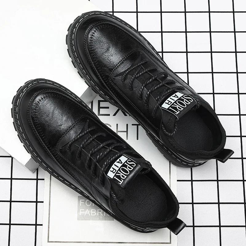 Black Men's Shoes  Leather Casual Shoes for Men Fashion Sneakers  Walking Four Seasons Comfortable British Men Shoes
