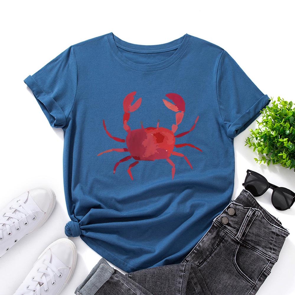 Fashion Women's Clothing Cute Crab Print Loose Crew Neck Short Sleeves T-Shirts Women’s