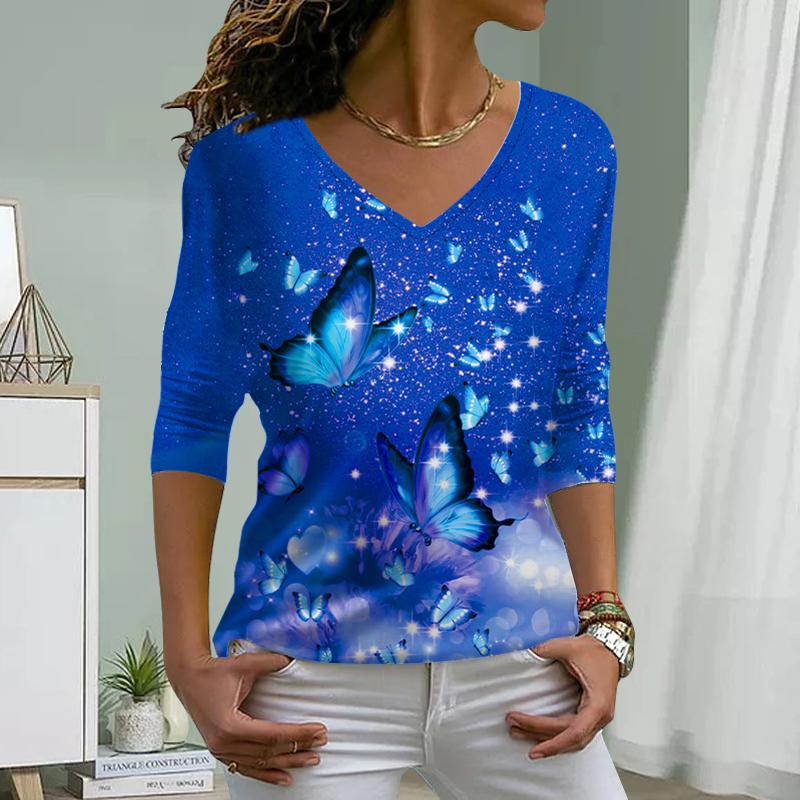 

Фиолетовый принт бабочки женские футболки женские топы с длинным рукавом V-образный вырез пуловер женские футболки футболка для женщин 8XL