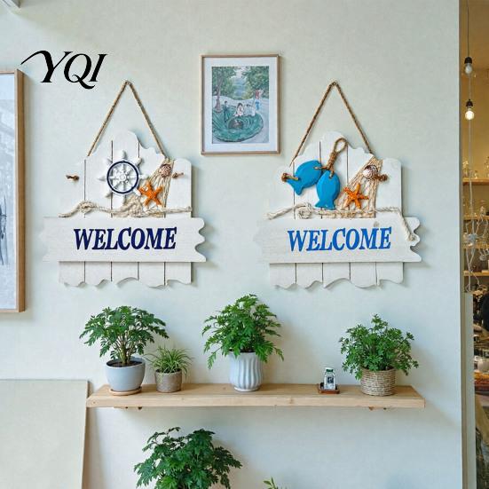 Blue And White Ocean Sign Mediterranean Style Wooden Welcome Sign, Starfish Shells Hanging Nautical Plaque, Decorative Wall Art for Home Porch