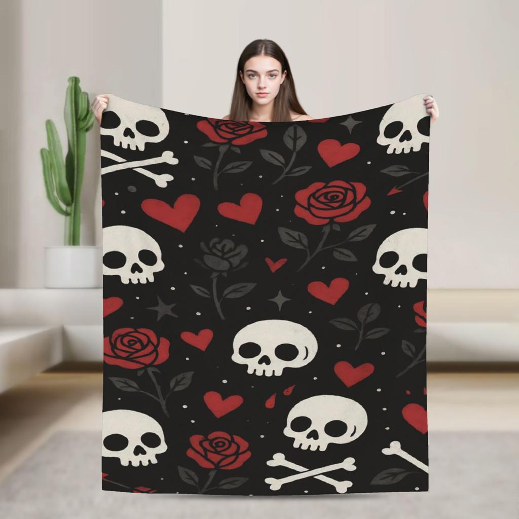 Cozy Halloween Skulls And Flowers Gothic Goth Blanket Accessories Bedding Decorative Blanket Throw Lightweight Flannel