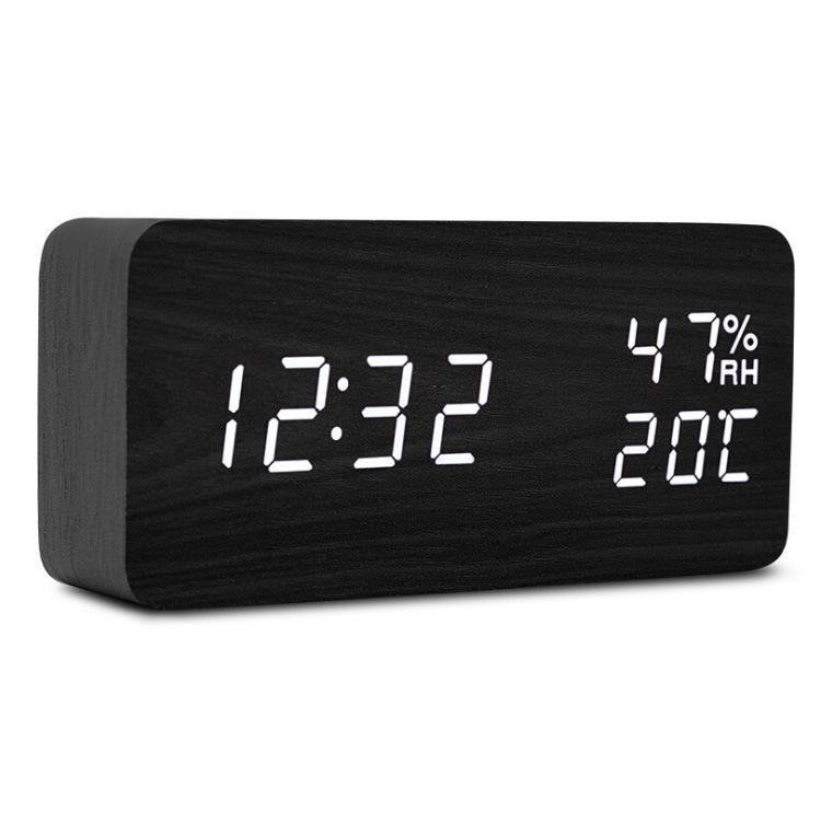 Rectangular Home Bedroom Electronic Temperature and Humidity Alarm Clock USB Voice Control LED Brightness Adjustment Digital Wood Clock