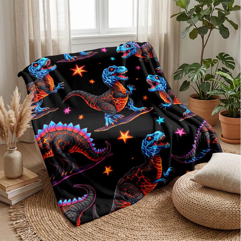Neon Dino Skateboard Adventure Theme Blanket Lightweight Warm Flannel Blanket Decorative Throw Blanket for Home Decoration