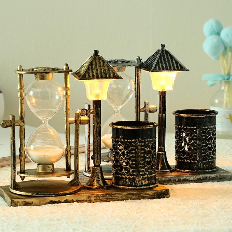 Creative Antique Quicksand Street Lamp Pen Holder Lantern Light Tower Student Gift White Hourglass Double Color Night Light Decoration