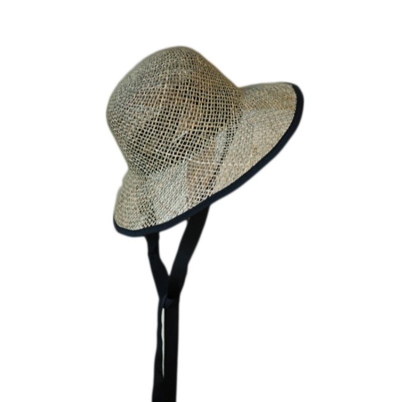 Japanese Retro Cute Hollow Hand-Woven Straw Pot Hat Women'S Summer Versatile Bucket Hat Sun Protection Lace-Up Straw Hat