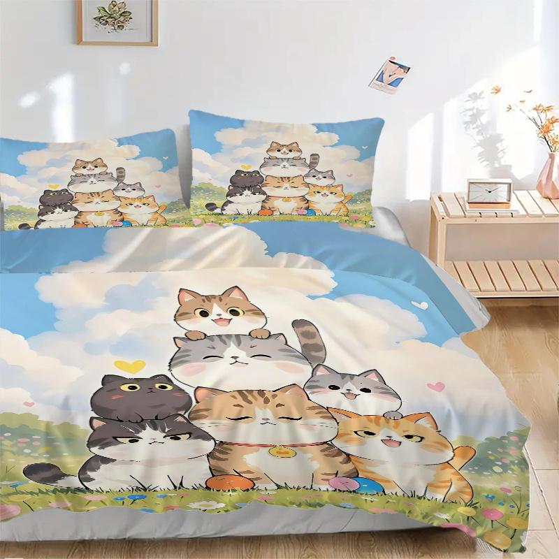 3pcs Seven Happy Cats Bedding Set, Including 1 Quilt Cover and 2 Pillow Shams, Without Filling, Soft and Comfortable Home Bedroom Fabric, Fa
