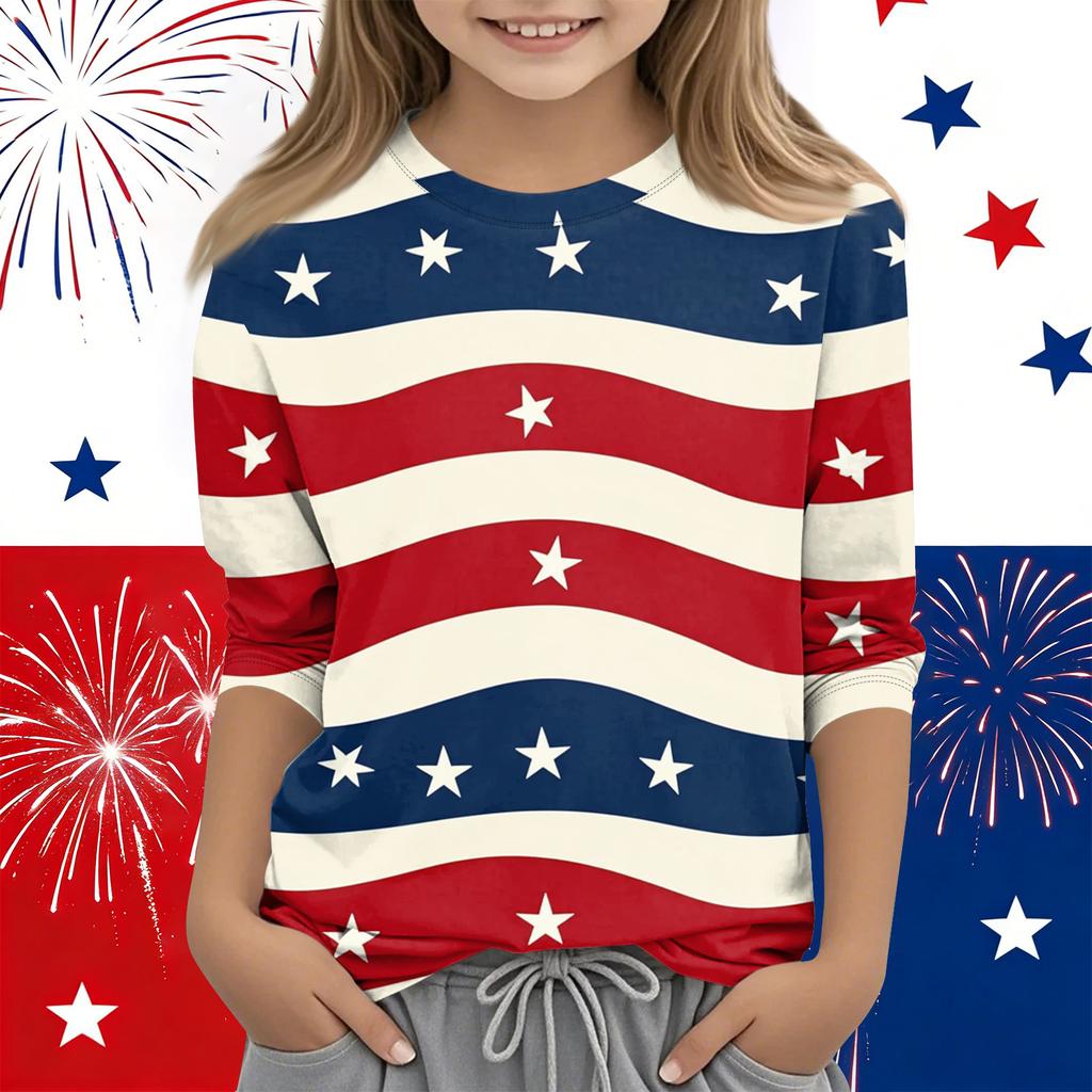 Print Tops For Youth Girls Round Neck 3/4 Sleeves T-Shirts Trendy Tops Outfit Tees Independence Day
