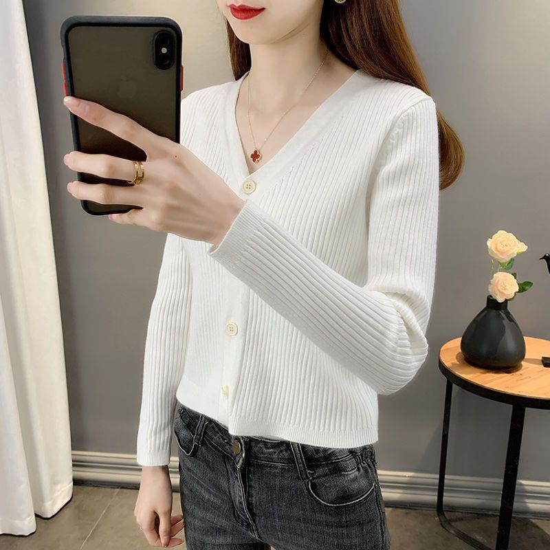 Dámský trendy kardiganový svetr kabát na jaro a podzim - 2025 Ins styl, všestranný pletený krátký top s malou šálou.