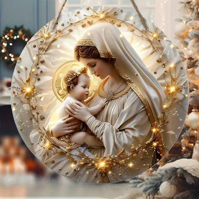 Meryem Ana ve İsa Ahşap Tabela, Yuvarlak Ön Kapı Dekorasyonu, Altın Hale Dini Duvar Askısı - Hristiyan Ev ve Kilise Dekorasyonu İçin İdeal