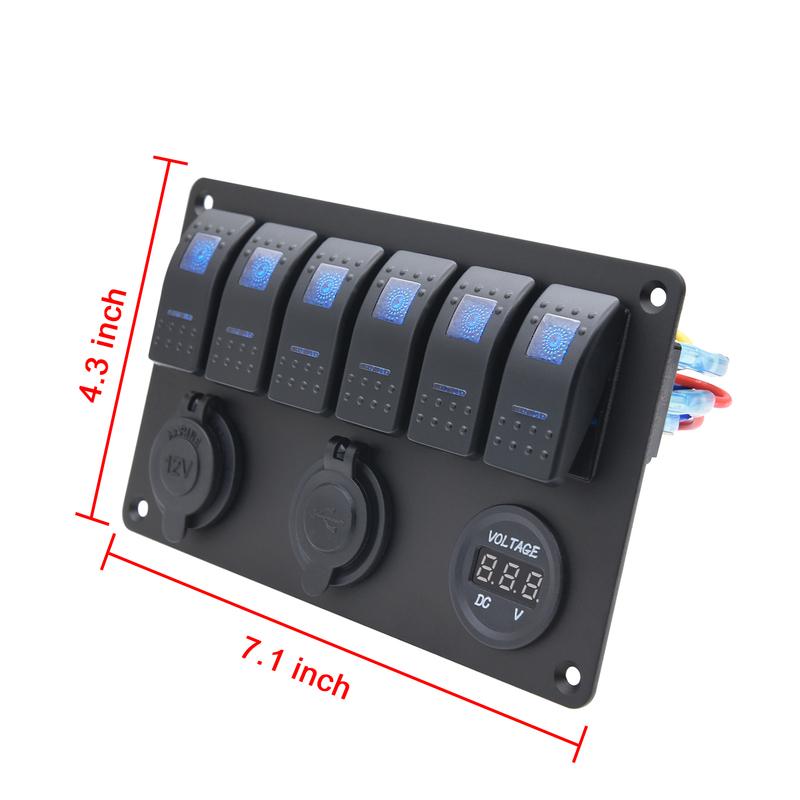 6 Toggle Switch Panel With Dual USB Socket Adapter Voltage Display Cigarette Lighter Port for Boat Car Marine Yacht Panel